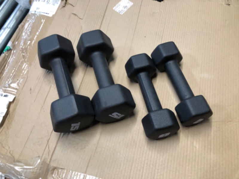 Photo 1 of ****PARTIAL SET - 2 8 LB and 2 15 LB DUMBELLS ONLY*****CAP Barbell 100 lb Neoprene Hex Dumbbell Weight Set with Vertical A-Frame Rack - Black
