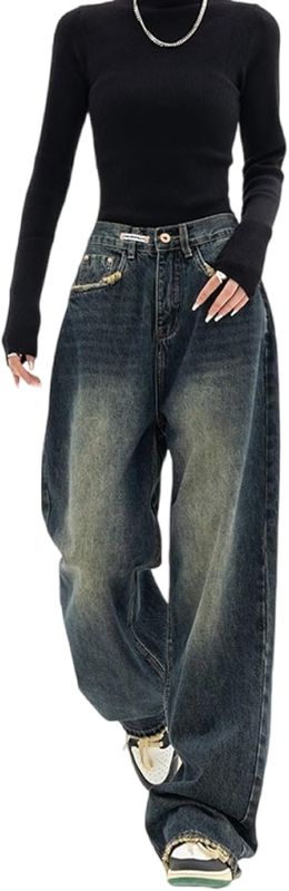 Photo 1 of (MEDIUM) (BAGGED) EsukAr Women's Fall Winter High-Waisted Straight Loose Jeans High Street Retro Casual Wide-Legged Denim Pants medium
