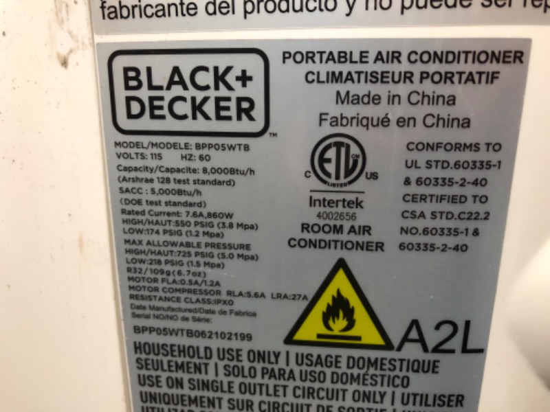 Photo 1 of ***USED - NO PACKAGING - POWERS ON - UNABLE TO TEST FURTHER - SEE PICTURES***
BLACK+DECKER Portable Air Conditioner, 8,000 BTU for Rooms Up To 350 Sq. Ft., Portable AC with Full Function Remote Control & Window Kit, BPT05WTBA, White