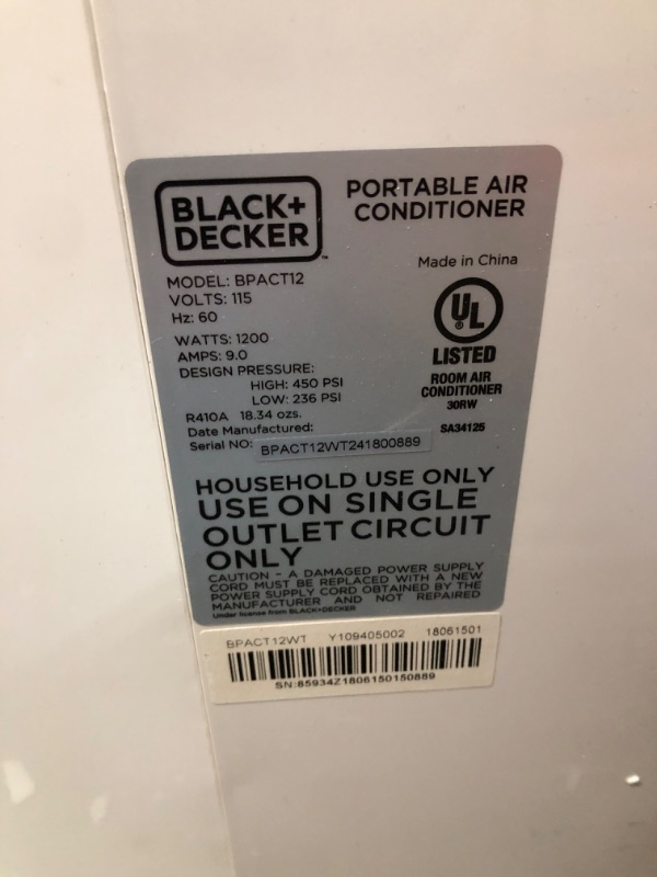 Photo 1 of ***MISSING REMOTE - HEAVILY USED AND DIRTY - POWERS ON - UNABLE TO TEST FURTHER - SEE PICTURES***
BLACK+DECKER Smart Portable Air Conditioner, 12,000 BTU for Rooms up to 550 Sq. Ft., Smart Portable AC with Follow Me Remote and Window Kit, BPACT12WT, White
