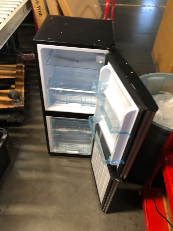 Photo 1 of ***USED - MAJOR DAMAGE - SEE COMMENTS***
3.8 Cu.Ft Mini Fridge with Bottom Freezer and Drawer, 2 Door Small Compact Refrigerator with 7 Adjustable Temperature Settings for Bedroom, Dorm, Office, Apartment, Large Capacity, Silver
