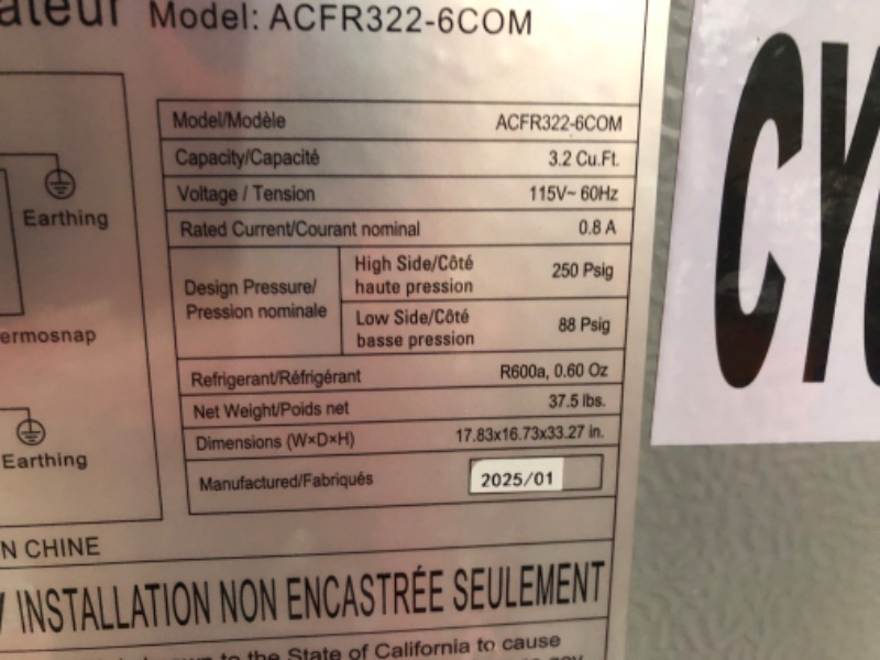 Photo 1 of ***USED - SCUFFED AND SCRAPED - POWERS ON - UNABLE TO TEST FURTHER***
ARCTIC CHEF ACFR322 RCA Mini Refrigerator, Compact Freezer Compartment, Adjustable Thermostat Control, Reversible Door, Ideal Fridge for Dorm, Office, Apartment, Platinum Stainless, 3.2
