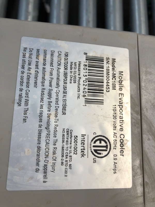 Photo 1 of *** PARTS ONLY *** Portable Swamp Coolers - 1300 CFM MC18M Evaporative Air Cooler with 2-Speed Fan, 53.4 dB - 500 sq. ft. Coverage Evaporative Air Cooler Portable High Velocity Outdoor Cooling Fan by Hessaire - White