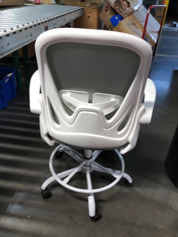 Photo 1 of ***DAMAGED - TORN - NO PACKAGING - SEE PICTURES***
Primy Ergonomic Drafting Chair with Flip-up Armrests Tall Office Chair for Standing Desk Comfortable Desk Chair with Adjustable Footrest Ring and Lumbar Support in Gray Perfect for Home and Office Use