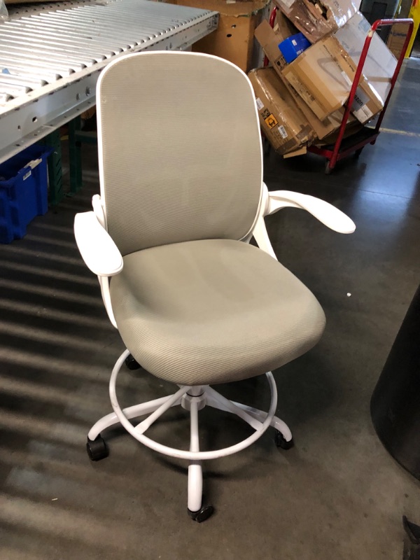 Photo 1 of ***DAMAGED - TORN - NO PACKAGING - SEE PICTURES***
Primy Ergonomic Drafting Chair with Flip-up Armrests Tall Office Chair for Standing Desk Comfortable Desk Chair with Adjustable Footrest Ring and Lumbar Support in Gray Perfect for Home and Office Use