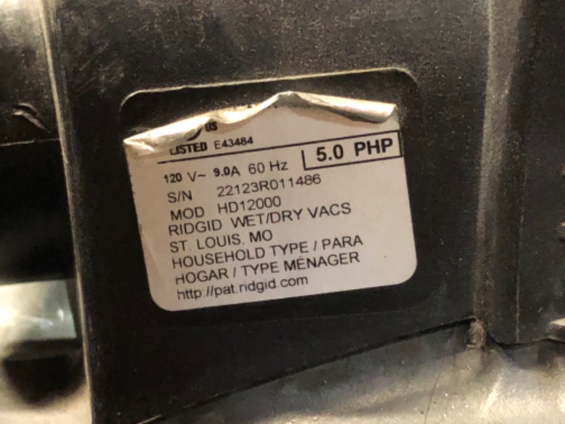 Photo 1 of ***HEAVILY USED AND DIRTY - DOESN'T POWER ON - MISSING PARTS - SEE PICTURES***
12 Gallon 5.0 Peak HP NXT Shop Vacuum Wet Dry Vac with General Debris Filter & Locking Hose
