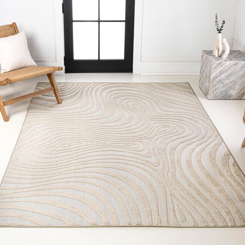 Photo 1 of (NOT NON-SLIP) (USED/FAIR) JONATHAN Y Maribo High-Low Abstract Striped Beige/Cream 7'10" x 10' Indoor/Outdoor Area Rug for Patio, Backyard, Living Room, Bedroom, Office, Hose-Washable (SCN103D-8)