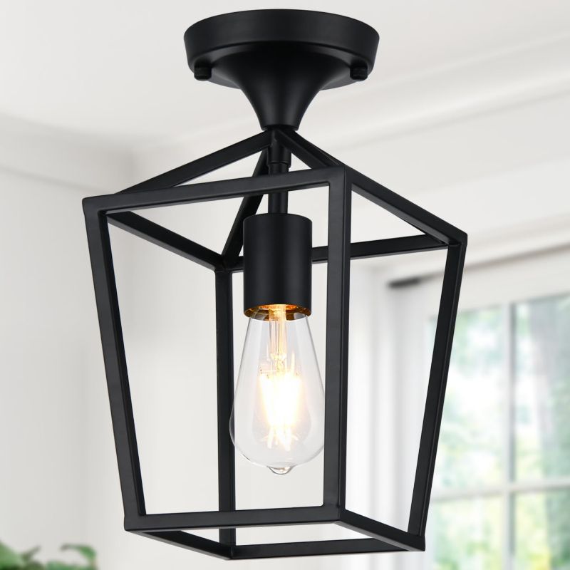 Photo 1 of ?Upgraded?Semi Flush Mount Ceiling Light, Black Industrial Ceiling Light Fixtures, Farmhouse Light Fixture for Hallway Stairway Garage Living Room Dining Room Balcony?Not waterproof, Not for Outdoor?