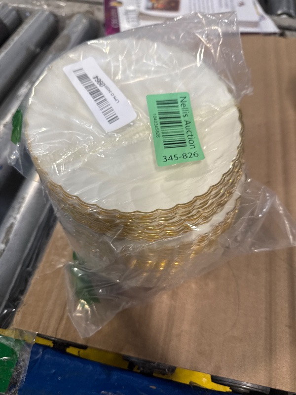 Photo 1 of Coloch 50 Pack Gold Plastic Plates, 6 Inch White with Gold Rim Round Disposable Appetizer Dessert Plates for Wedding, Buffet, Party, Catering