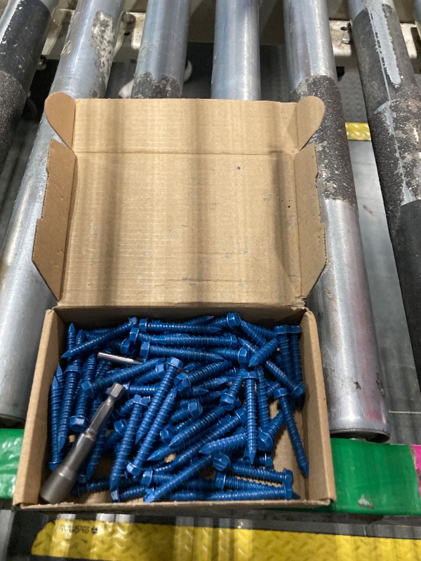 Photo 1 of 1/4" x 1-3/4" Concrete Screws, 100 PCS Blue Hex Washer Head Concrete Screws Anchor Kit with Drill Bit and Hex Bit Socket, for Masonry, Cement, Block, Brick or Stucco