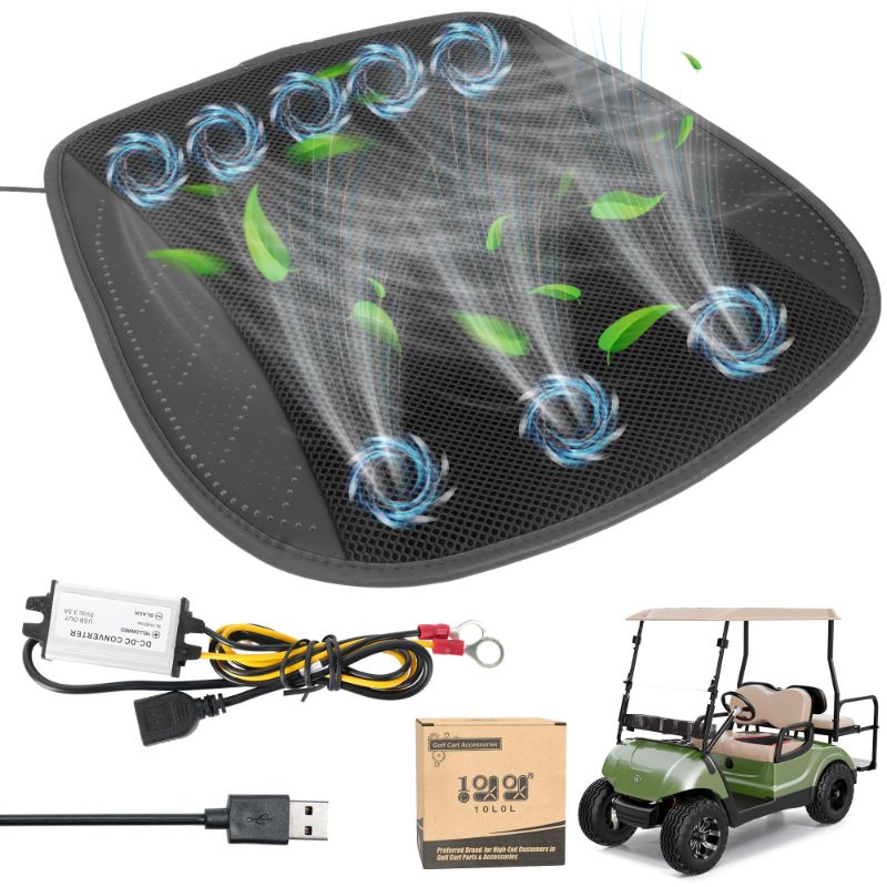 Photo 1 of 10L0L Universal Cooling Golf Cart Seat Cover Ventilated Seat Cushion with Fan Summer Breathable Cooling Seat Cushion 3 Wind Adjustable Cooled Seat Pad Black/Grey (with DC Converter)