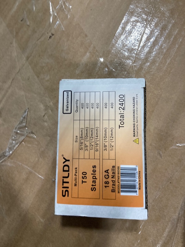 Photo 1 of **MISSING SOME***
SITLDY Heavy Duty T50 Staples and 18GA Brad Nails, 2400-Count 6 Sizes Includes: 5/16", 3/8", 1/2", 9/16" T50 Staples and 3/8", 1/2" Brad Nails Assorted, Galvanized