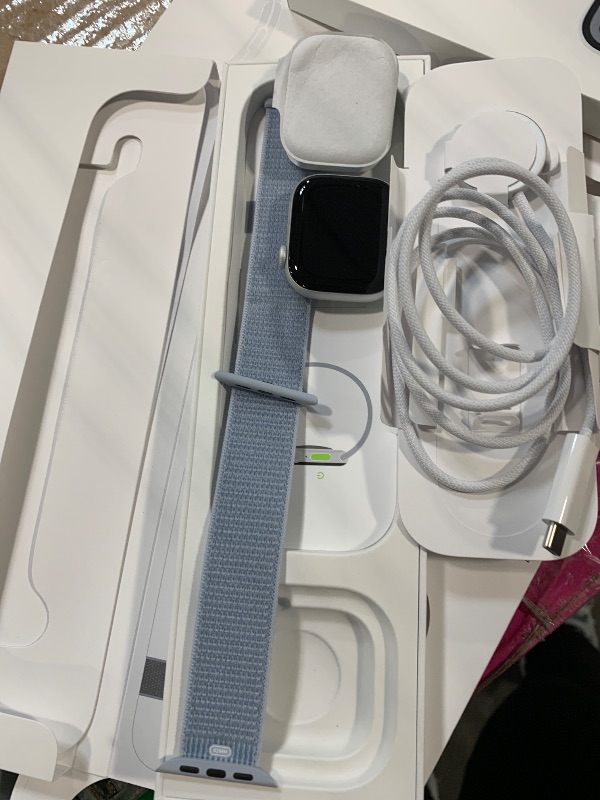 Photo 1 of Apple Watch Series 10 [GPS 42mm case] Smartwatch with Silver Aluminium Case with Blue Cloud Sport Loop. Fitness Tracker, ECG App, Always-On Retina Display, Carbon Neutral****incomplete watch strap