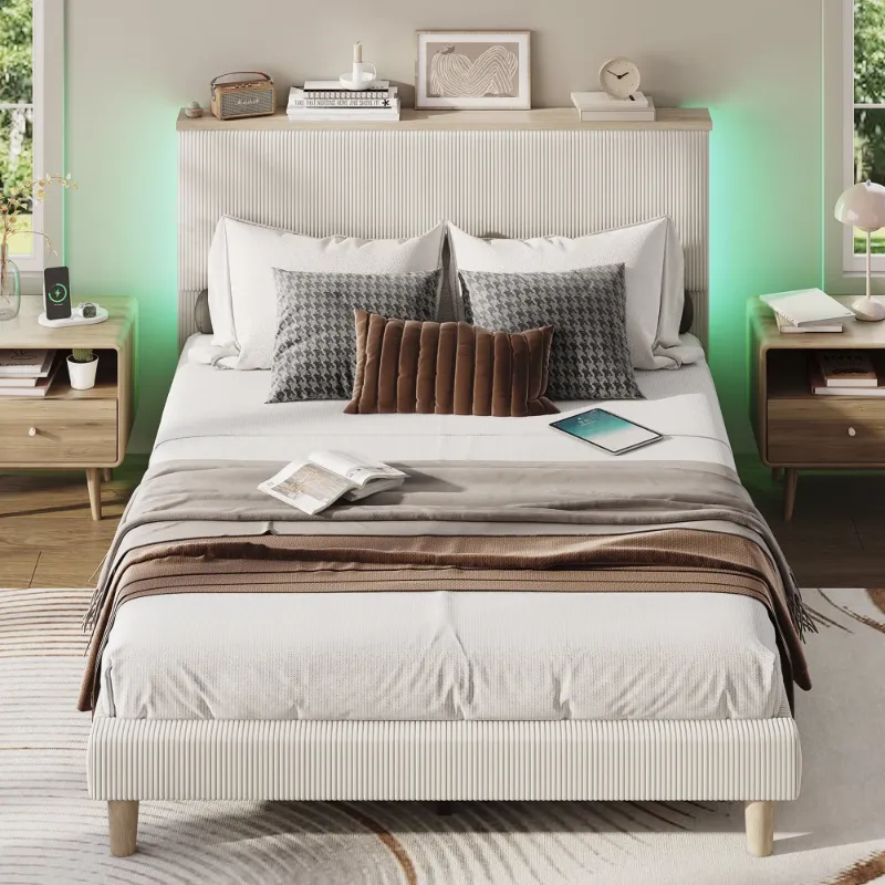 Photo 1 of Bestier Queen Platform Bed with Adjustable Storage Headboard Shelf, LED Corduroy Upholstered Bed Frame, Cream
