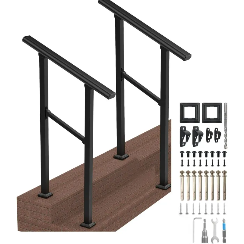 Photo 1 of 2 Pack Outdoor Stair Railing, Handrails for Outdoor Steps, Handrail Fits 2 Steps Metal Handrail Stair Rail with Installation Kit Hand Rails for Outdoor Steps
