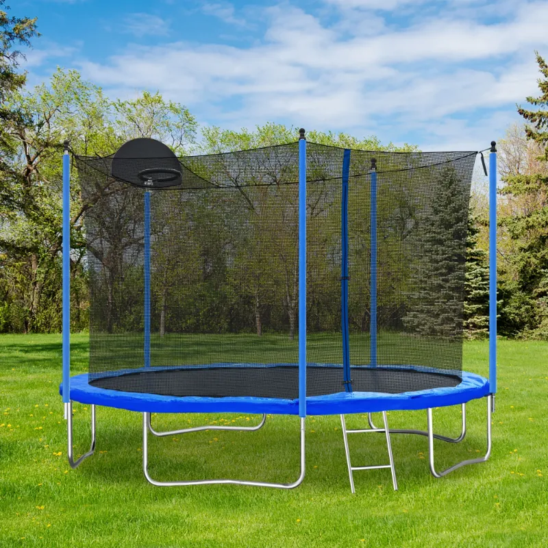 Photo 1 of 12FT Trampoline with Basketball Hoop for Kids,Outdoor Trampoline with Ladder and Safety Enclosure Net,Blue