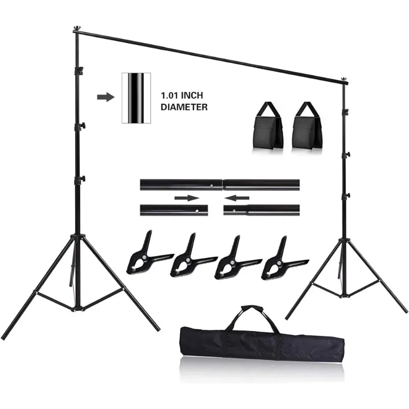 Photo 1 of 10ft Adjustable Background Support Stand Photography Video Studio Backdrop Kit, 4 Backdrop Clamps, 2 Sandbags for Wedding Party Stage Decoration Black
