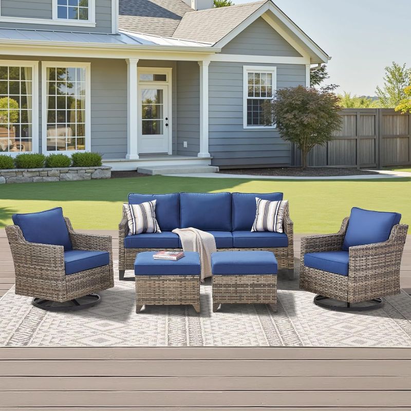 Photo 1 of ***THIS IS NOT THE COMPLETE SET, THIS SEEMS LIKE IT IS ONLY ONE CHAIR****Outdoor Patio Furniture All-Weather Wicker Outdoor Furniture with Swivel Patio Chairs Outdoor Patio Conversation Sets for Garden Porch Deck Grey/Blue