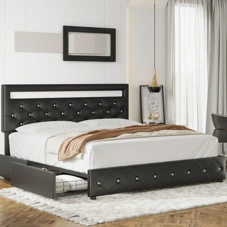 Photo 1 of **MISSING PARTS******Homfa King LED Bed Frame with 4 Storage Drawer Upholstered Platform Bed with Adjustable Crystal Button Tufted Headboard Black
