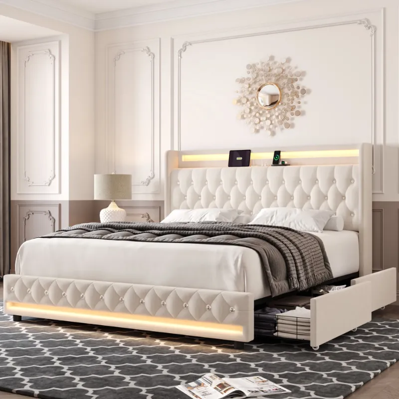 Photo 1 of Homfa Queen Size LED Bed Frame with Outlets and USB Ports & Display Platform, 4 Storage Drawers Modern Crystal Button Tufted Upholstered Platform Bed Frame, Beige
