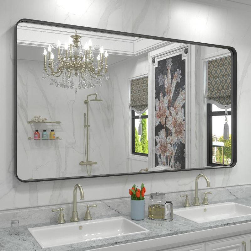 Photo 1 of ***THE FRAME IS WHITE*****60x36 Matte Black Bathroom Mirror, Modern Rectangle Metal Framed Mirrors for Wall, Rounded Corners, Shatter-Proof (Horizontal/Vertical)