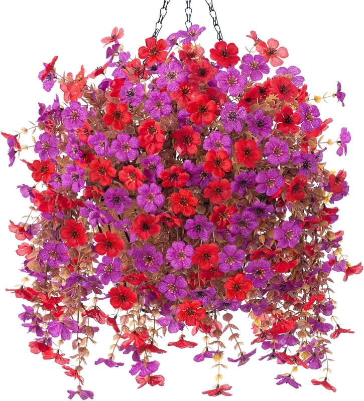 Photo 1 of Artificial Fake Spring Hanging Flowers Plants with Basket Outdoor Flower Decor, Faux Silk Colorful Daisy in Metal Coconut Lining Pot Plastic Shrubs Decor Farmhouse Home Garden (Red Purple)