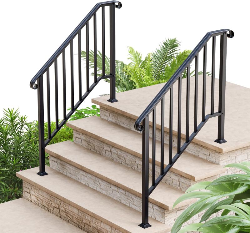 Photo 1 of 2 Pack 4 Step Handrails for Outdoor Steps, Wrought Iron Stair Railing, Metal Hand Railing with Installation Kit, Staircase Handrails for Concrete, Porch, Deck, Exterior Steps, Black
