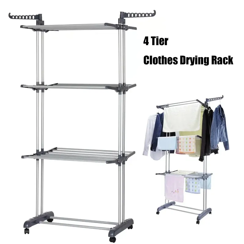 Photo 1 of ***MISSING PIECES**Simperf Clothes Drying Rack, 4-Tier Space-Saving Foldable Laundry Drying Rack, Stainless Steel Garment Clothes Dryer Indoor or Outdoor Standing Clothing Rack with Wheels
