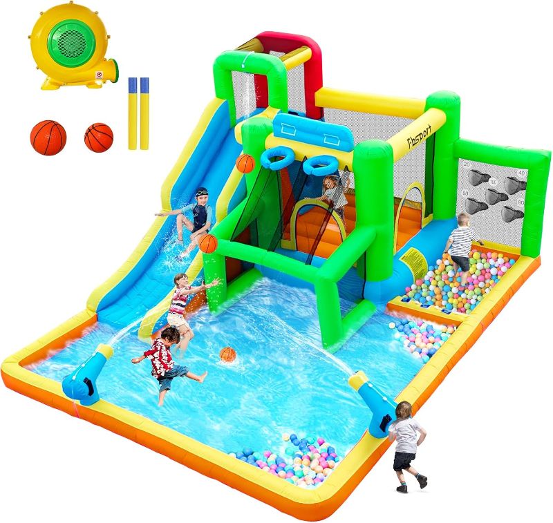 Photo 1 of ***NEEDS CLEANING/SMELLS MOLD**FBSPORT Inflatable Bounce House Water Slide, Bounce House for Kids Indoor Outdoor Bouncy House with 550W Blower, Water Bounce House with Slide Ball Shooting, Water Gun, Splash Pool, Bounce Area, Hose