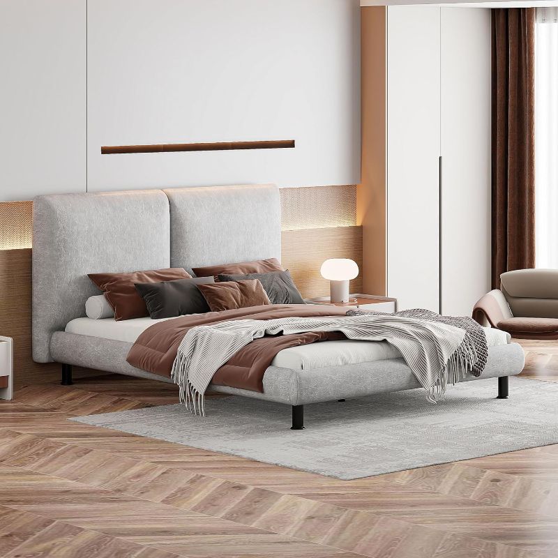 Photo 1 of ***PARTS ONLY***Ball & Cast Queen Size Upholstered Platform Bed,Wood Bed Frame with 2 Large Headrests and Thick Fabric,Slat Support,No Box Spring Needed,Bebframe for Apartment,Bedroom,Beige