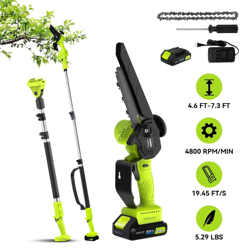 Photo 1 of ***MISSING PARTS***Steelite 2-in-1 Cordless Pole Saw & 6" Electric Mini Chainsaw,21V 2.0 Ah Battery Powered Brushless Pole Chainsaw ,13 FT Max Reach for Tree Trimming,5.29 lbs Lightweight,with Replacement Chain