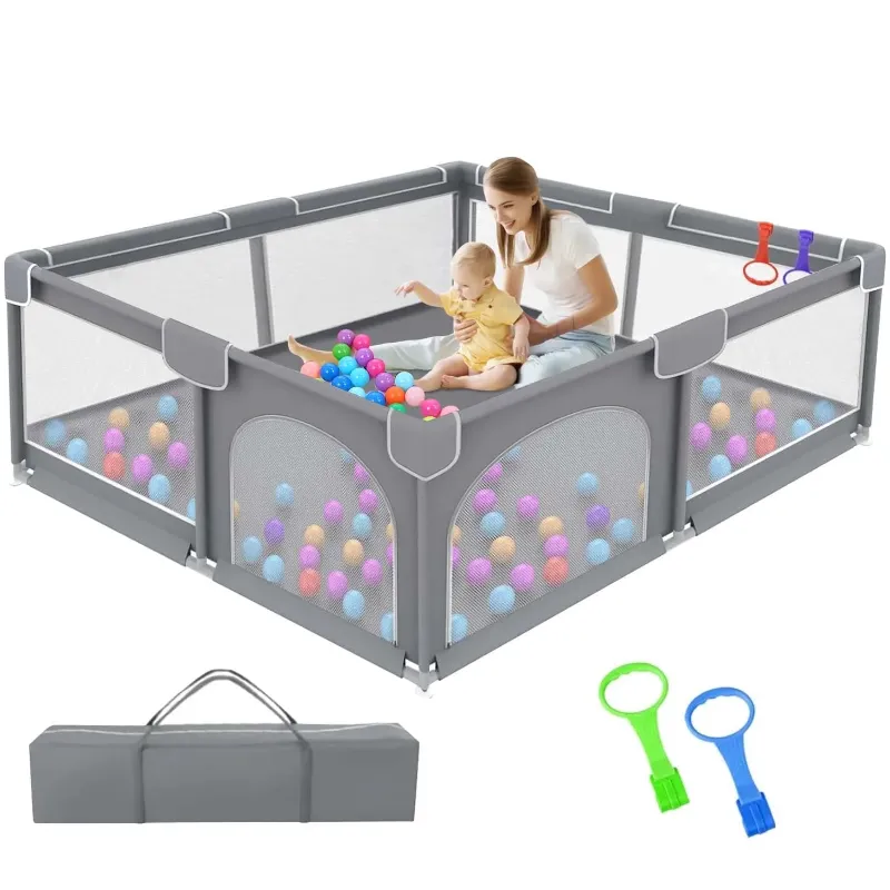 Photo 1 of Ucradle Baby Playpen for Babies and Toddlers, 59x59x27" Large Baby Playard, Infant Activity Center with Gate, Anti-Slip Base and Soft Breathable Mesh, Gra