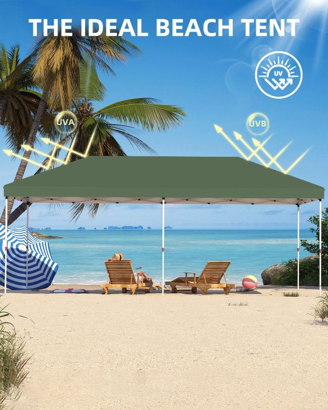 Photo 1 of 10x20 Pop Up Canopy - Easy Up Camping Tent with One Roller Bag, 3 Adjustable Height, 4 Weight Bags for Deck, Garden, Sports, Beach, Party - Greem