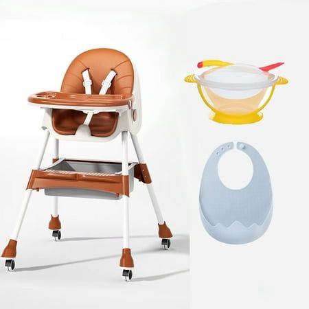 Photo 1 of 4 in 1 Baby High Chair Child Feeding Chair with Five-Point Harness Retractable Detachable Dining Plate?Brakable Universal Wheel Toy Rack Coffee
