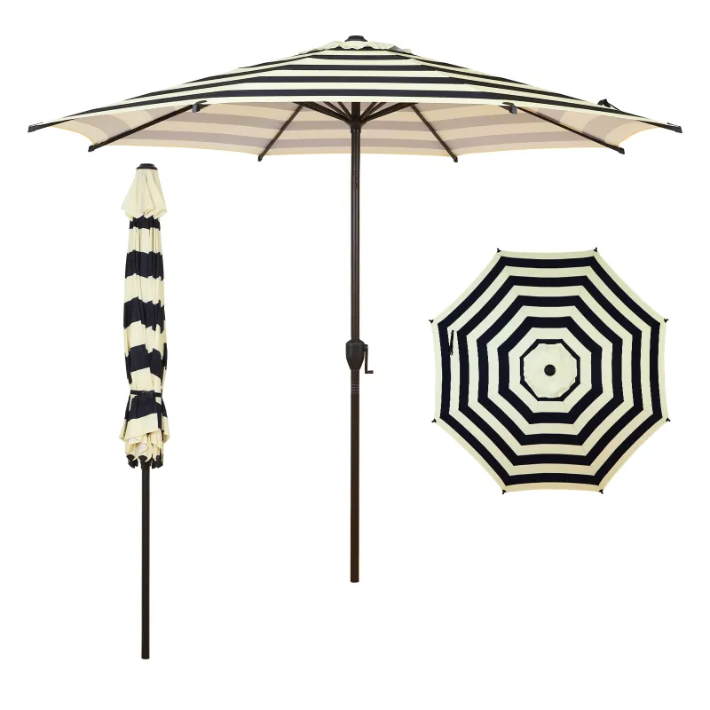 Photo 1 of Abba Patio 9ft Outdoor Patio Umbrella, Push Button Tilt and Crank, 8 Ribs, Black & Cream Stripe
