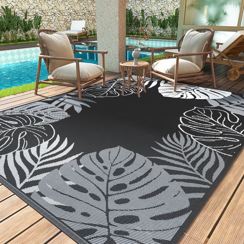 Photo 1 of SIXHOME 9x12 Feet Waterproof Outdoor Rug, Reversible Black Plastic Patio Mat with Straw Texture Tropical Palm Leaf, Non-Slip Carpet for Camping, RV, Balcony, Porch, Picnic

