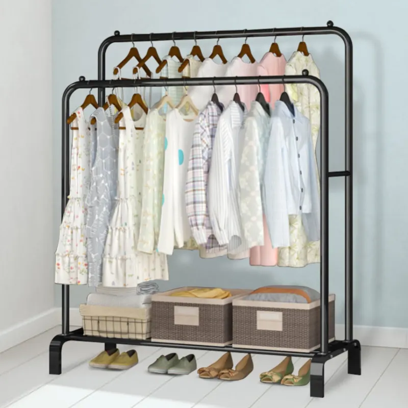 Photo 1 of Clothing Garment Rack,Double Rails Closet Clothes Rack with Bottom Shelves and 4 Hooks,Freestanding Clothes Organizer Rack for Hanging Clothes Black
