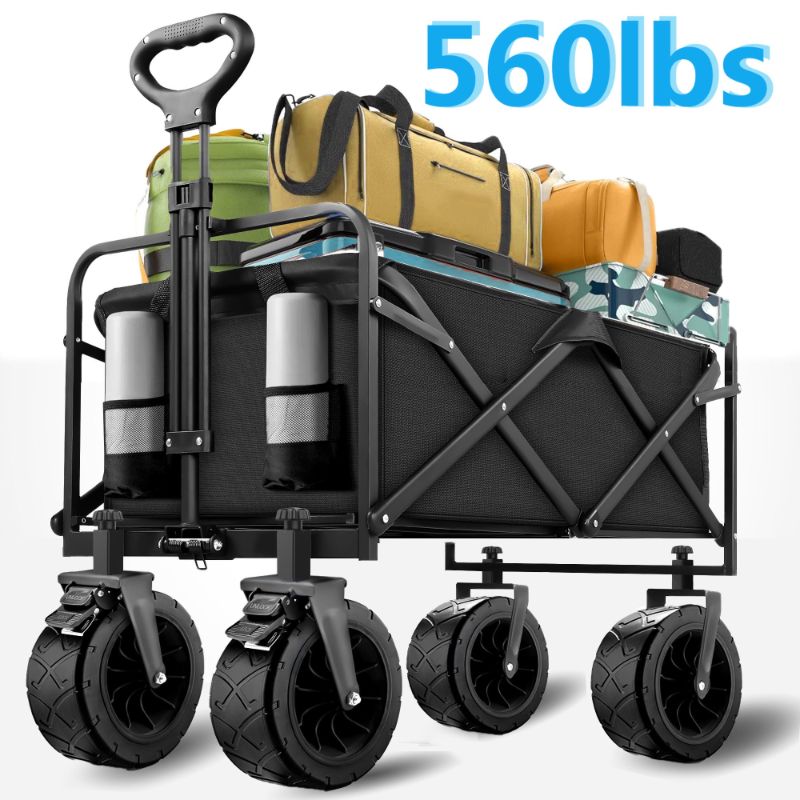 Photo 1 of 560lbs Collapsible Folding Wagon, Big Bucket Beach Cart, Heavy Duty Large Capacity Garden Wagon with All-Terrain Brake Wheels for Outdoor Camping, Shopping, Sports, Grocery, Kids, Black