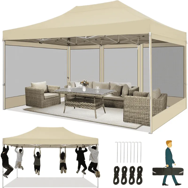 Photo 1 of **SEE NOTES** HOTEEL 10x15 Heavy Duty Canopy Tent, Pop up Gazebo with Netting Screened ,Waterproof Ez up Canopy with Sidewalls, Outdoor Instant Party Tent for Backyard, Khaki
