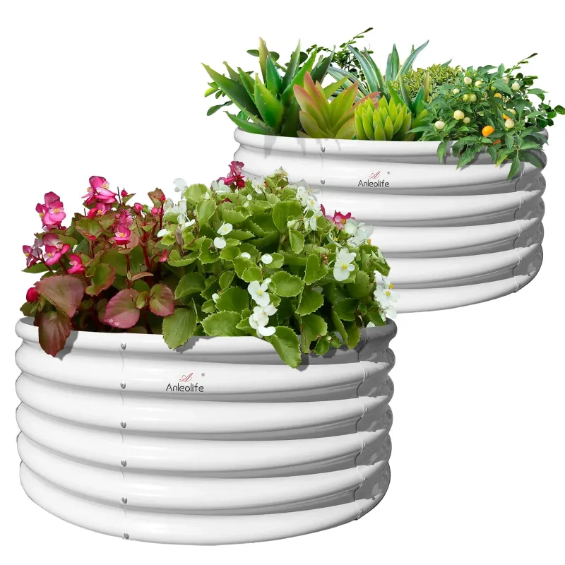 Photo 1 of 2 Pack-4Ft Round Galvanized Raised Garden Bed, 18” Tall Above Ground Modular Metal Planter Boxes Outdoor For Vegetables Flowers Herbs, Anti-Rust & Easy-Setup Antique White

