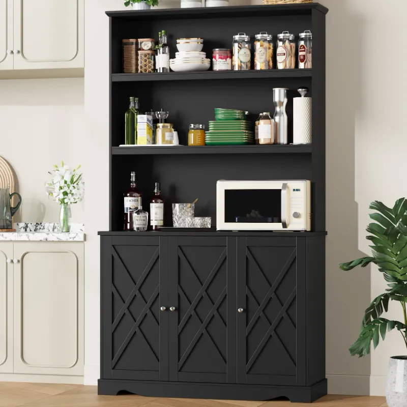 Photo 1 of **NO INSTRUCTIONS**Homfa 77.2" Kitchen Pantry Cabinet with Microwave Stand, 3 Door Hutch Storage Cabinet with Shelves for Kitchen Living Room, Black

