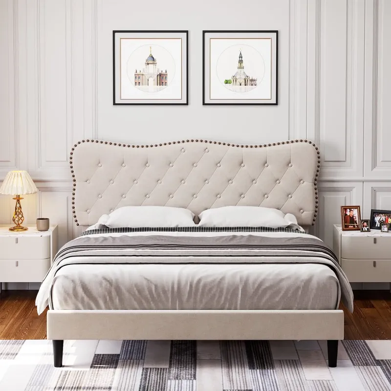 Photo 1 of ***MAYBE PARTS ONLY***
Homfa Queen Size Bed Frame, Linen Upholstered Platform Bed with Button Tufted Adjustable Headboard for Bedroom, Beige
