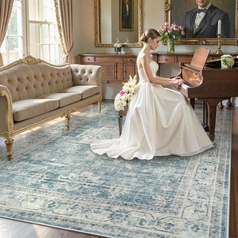 Photo 1 of **DOES HAVE SOME SPOTS**LIVEBOX Washable Area Rug 8x10 Rugs for Living Room Bedroom, Non-Slip Boho Indoor Carpet for Dining Room Office, Low-Pile Farmhouse Soft Carpets for Kids Nursery Room Playroom, Blue