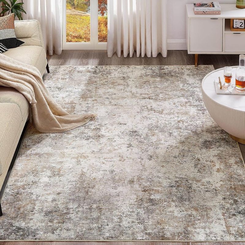 Photo 1 of 10x14 Area Rug Living Room Rugs - Washable Neutral Modern Abstract Soft Thin Large Rug Indoor Floor No Slip Rug Carpet for Bedroom Under Dining Table Home Office Decor - Brown Grey
