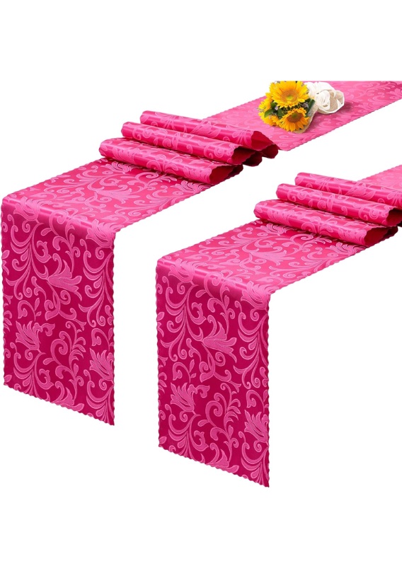 Photo 1 of 2 Pack Hot Pink Satin Table Runners 12 x 108 Inch, Long Silky Damask Table Runner Decor, Bright Smooth Jacquard Dining Table Runners for Weddings, Banquet, Parties Dinner Decoration