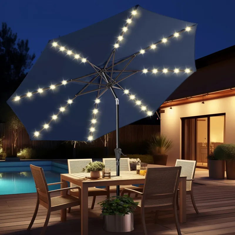 Photo 1 of 10ft Solar Polyester 32 LED Lighted Patio Umbrella with Tilt Adjustment and UV-Resistant Fabric,for Garden,Deck,Backyard,Pool and Beach
