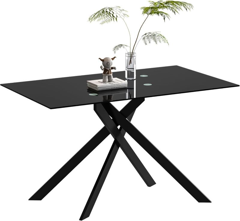 Photo 1 of ***DAMAGED ON ONE CORNER**Glass Dining Table for 4 People, 51.2 Inches Rectangular Glass Kitchen Table with Black Steel Legs, Modern Dining Room Table for Dinner Kitchen Dining Room,All Black