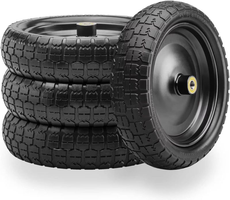 Photo 1 of 13" Flat Free Solid Polyurethane Tire and Wheel, 4.00-6 PU Airless Tires with 5/8" Offset Ball Bearings, 4 Packs for Wheelbarrow/Dolly/Garden Wagon Carts/Hand Truck