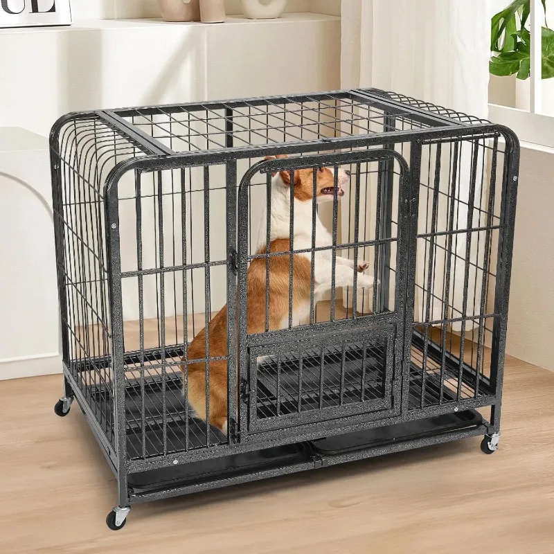 Photo 1 of 
IHOMEPARK 37 inch Heavy Duty Dog Crate with 2 Lockable Wheels for Medium Dogs Indoor, Double Door Dog Cage Kennel with Removable Cleaning Tray
