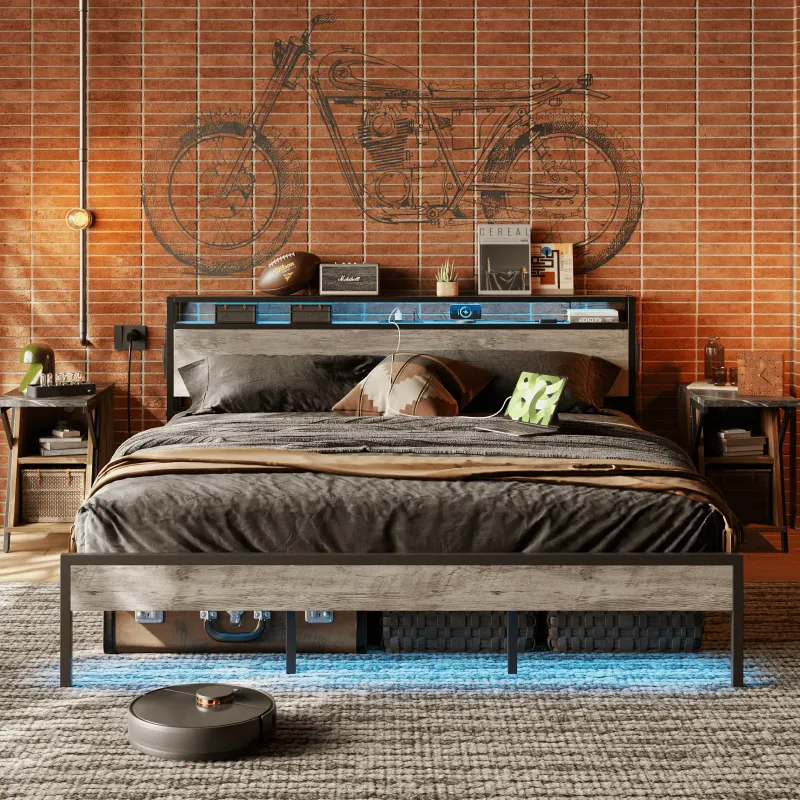 Photo 1 of 
Bestier King Size Bed Frame Led Platform Bed with Storage Headboard Charging Station,Grey